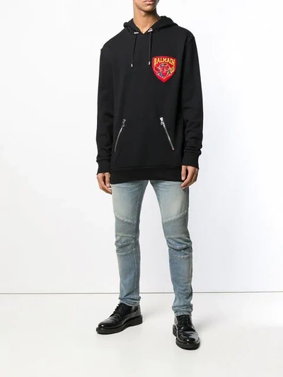 Shop Balmain Logo Patch Hoodie In Black