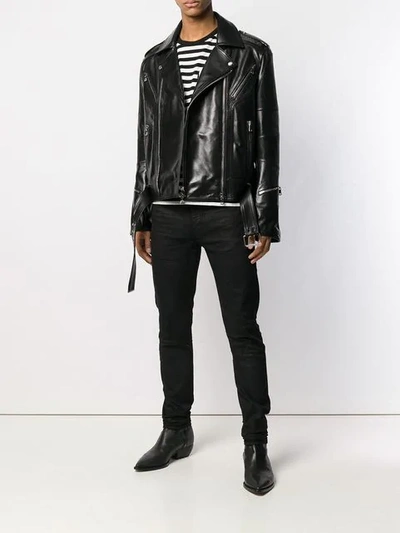 Shop Balmain Ribbed Biker Jacket In Black