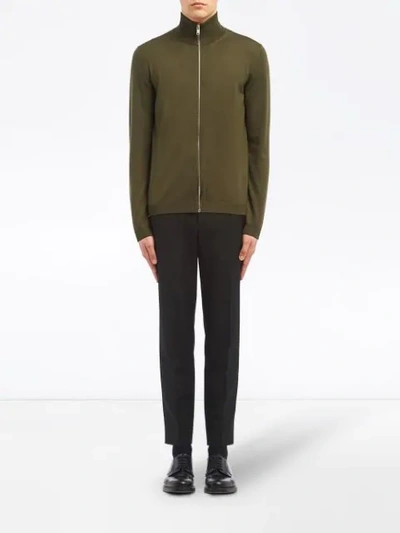 Shop Prada Fine Knit Cardigan In F0393 Olive Green