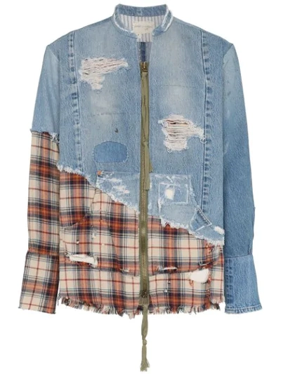 Shop Greg Lauren Check Distressed Cotton Bomber Jacket - Blue