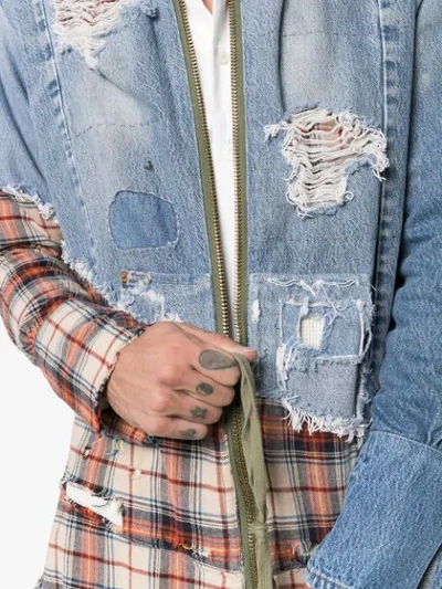 Shop Greg Lauren Check Distressed Cotton Bomber Jacket - Blue