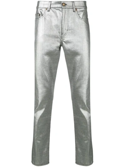 Shop Saint Laurent Metallic Slim Fit Jeans In Silver