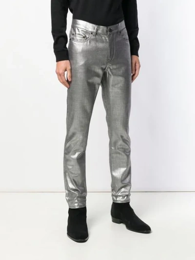 Shop Saint Laurent Metallic Slim Fit Jeans In Silver