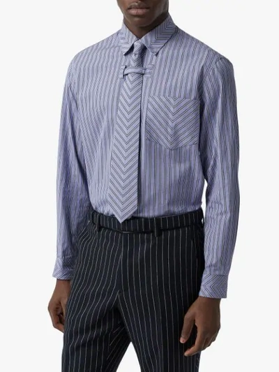 Shop Burberry Chevron Striped Cotton Shirt And Tie Twinset In Blue