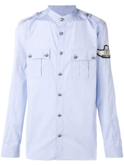 Shop Balmain Patch Button Down Shirt In Blue