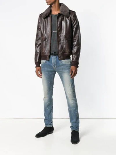 Shop Saint Laurent Shearling Collar Leather Jacket In Brown