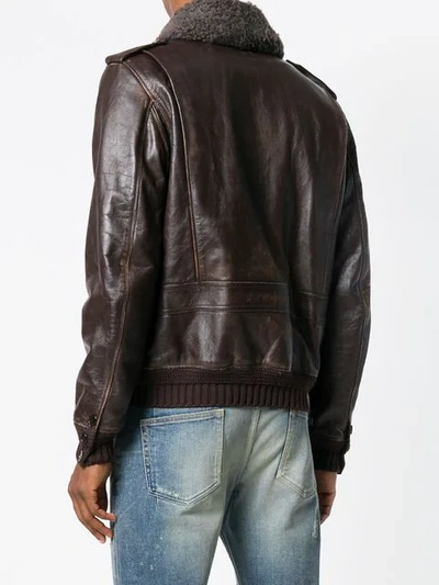 Shop Saint Laurent Shearling Collar Leather Jacket In Brown