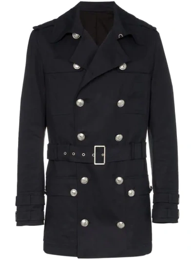 Shop Balmain Buckled Short Trench Coat In Blue