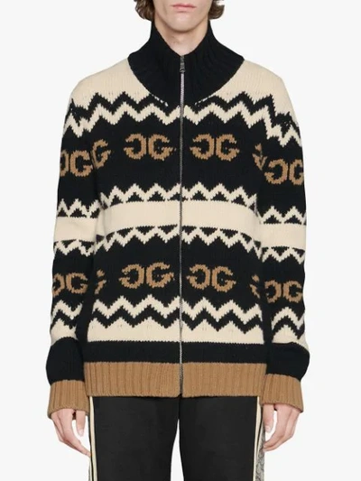 Shop Gucci Zipped Mirrored Gg Cardigan In Black