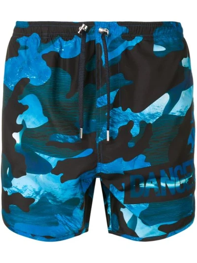 Shop Neil Barrett Dance Camouflage Print Swim Shorts In Blue