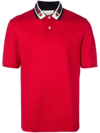 Shop Gucci Cotton Polo With Web And Feline Head In Red Multi