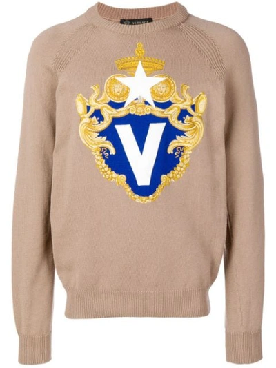 Shop Versace Embroidered Logo Sweater In Neutrals