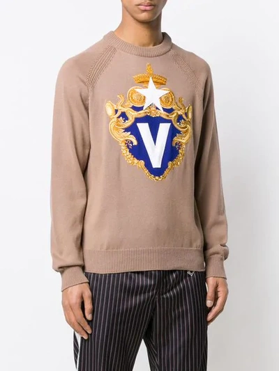 Shop Versace Embroidered Logo Sweater In Neutrals