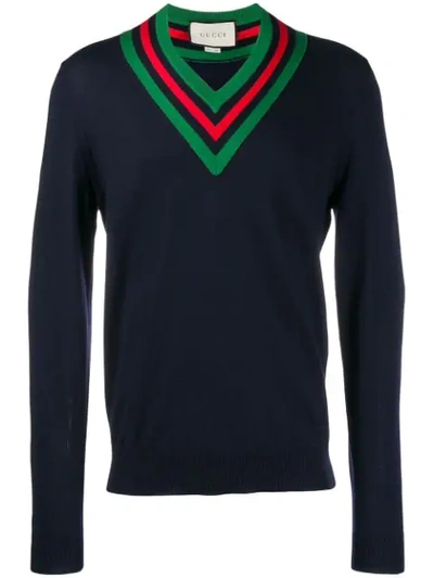 Shop Gucci Web V-neck Jumper In Blue