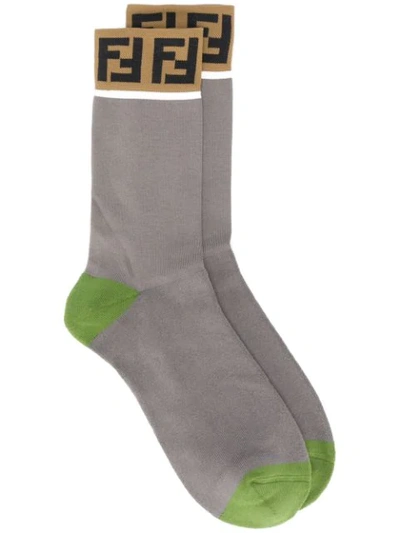 Shop Fendi Logo Ankle Socks In F0l60 Grey Green