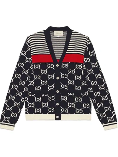 Shop Gucci Gg And Stripes Knit Cardigan In Blue