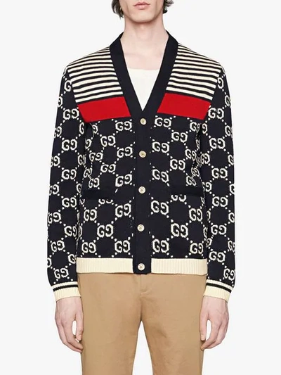 Shop Gucci Gg And Stripes Knit Cardigan In Blue