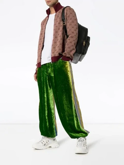 Shop Gucci Contrast Panel Loose-fit Velvet Track Pants In Green