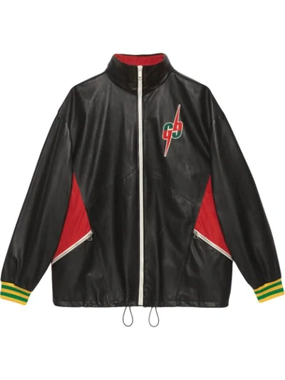 Shop Gucci Leather Bomber Jacket With Gg Blade In Black