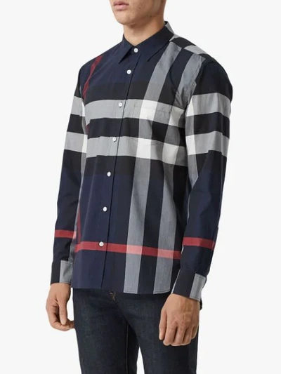 Shop Burberry Check Stretch Cotton Shirt In Blue