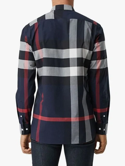 Shop Burberry Check Stretch Cotton Shirt In Blue