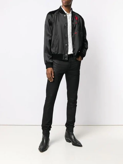 Shop Saint Laurent Rose Embroidered Bomber Jacket In Black
