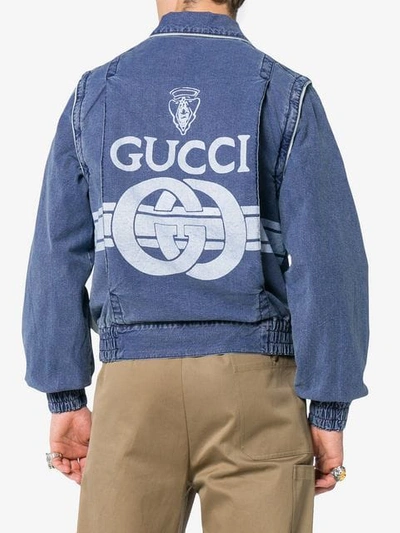 Shop Gucci Patchwork Banana Embroidery Denim Jacket In Blue