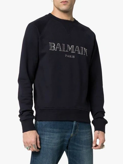 Shop Balmain Crew Neck Logo Cotton Sweatshirt In Blue