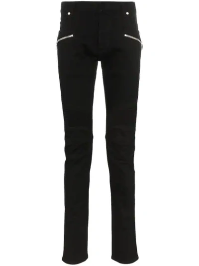 Shop Balmain Slim Leg Logo Stripe Biker Jeans In Black