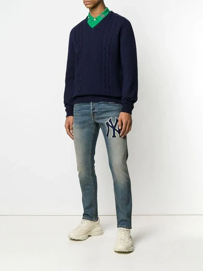 Shop Gucci Jacquard Logo Knit Sweater In Blue