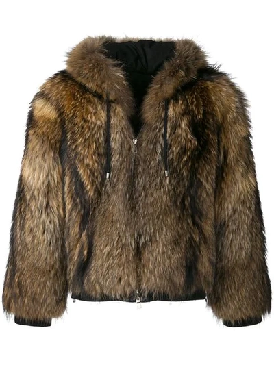 Shop Balmain Hooded Fur Jacket In Neutrals