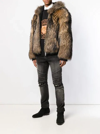 Shop Balmain Hooded Fur Jacket In Neutrals