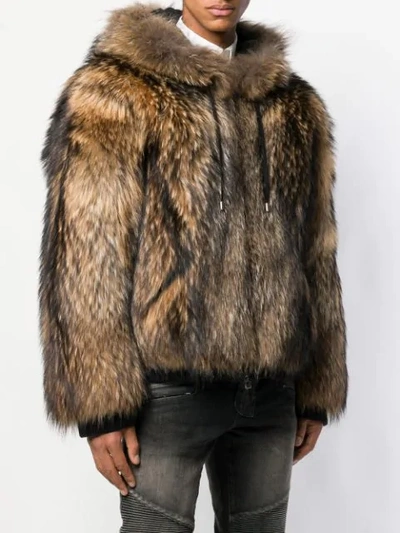 Shop Balmain Hooded Fur Jacket In Neutrals