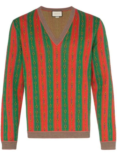 Shop Gucci Horsebit Chain Print V-neck Sweater In Green