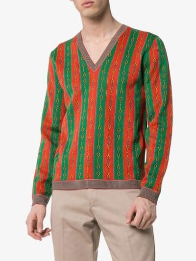 Shop Gucci Horsebit Chain Print V-neck Sweater In Green