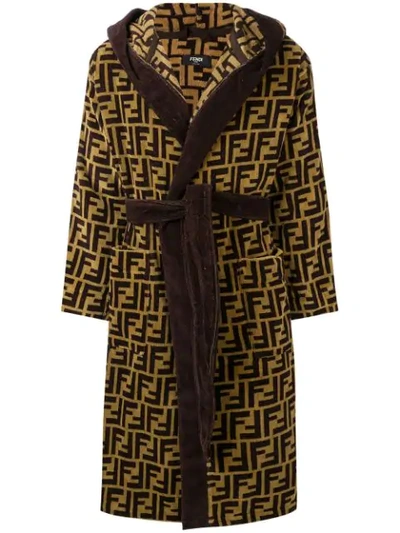 Shop Fendi Ff Logo Cotton Robe In Brown