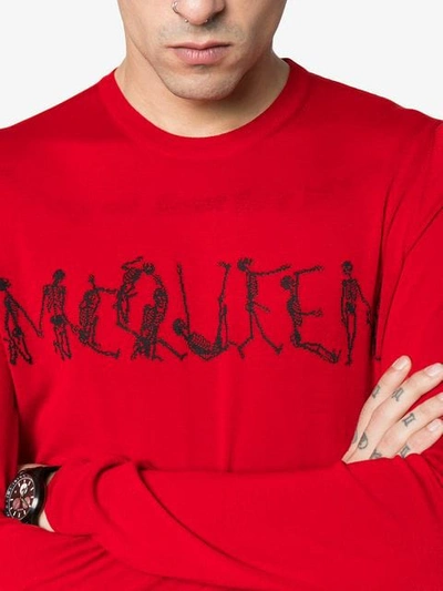 Shop Alexander Mcqueen Dancing Skeleton Logo Text Wool Jumper In Red