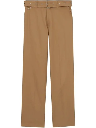 Shop Burberry D-ring Detail Belted Cotton Trousers In Neutrals