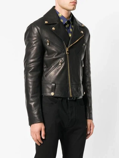 Shop Versace Calf Leather Biker Jacket In Black