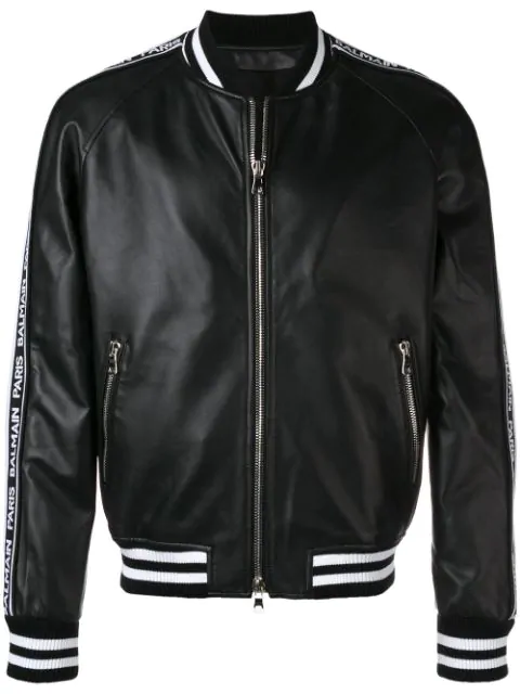 Balmain Leather Bomber Jacket With Logoed Maxi Bands In Black | ModeSens