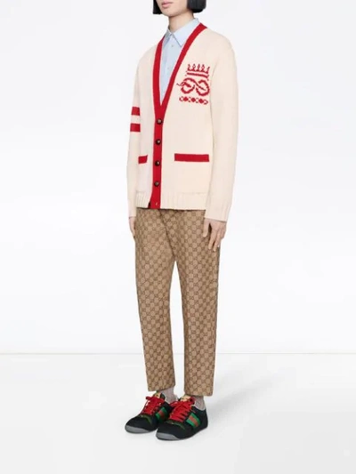 Shop Gucci Embroidered Wool Cardigan In Neutrals