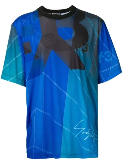 Shop Y-3 Blue Signature Print T-shirt