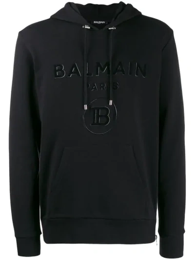 Shop Balmain Velvet Logo Hoodie In Black