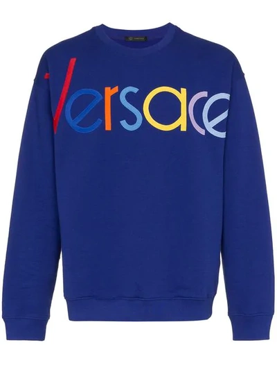 Shop Versace Blue Logo Embroidered Jumper