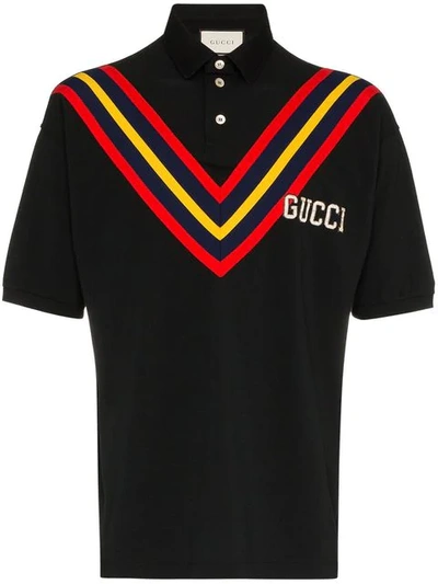 Shop Gucci Graphic Print Cotton Polo Shirt In Black