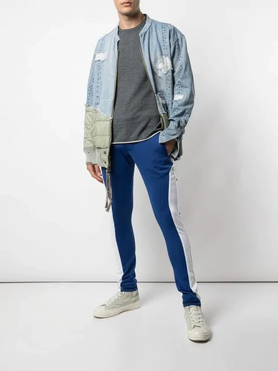 Shop Greg Lauren Colour Blocked Skinny Trousers In Blue