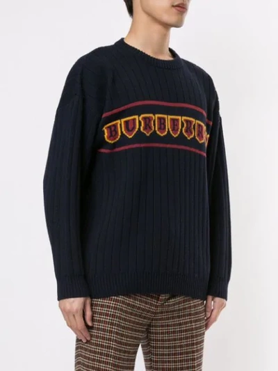 Pre-owned Burberry Intarsia Logo Ribbed Jumper In Blue