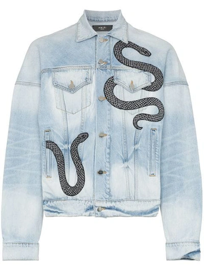 Shop Amiri Snake Embellished Denim Jacket In Blue