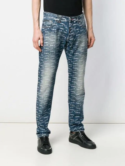 Shop Philipp Plein Logo Print Straight Leg Jeans In Blue