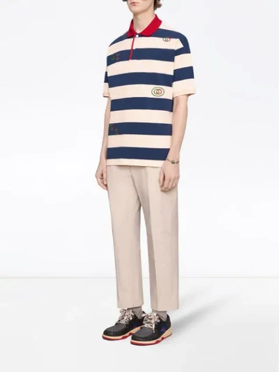 Shop Gucci Embroidered Striped Jersey Polo In Neutrals